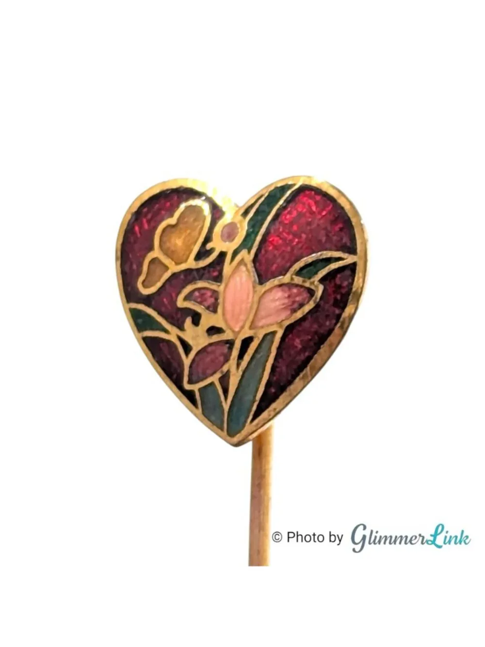 Vintage Heart Shaped Red Cloisonne Floral Butterfly Gold Tone Stick Pin